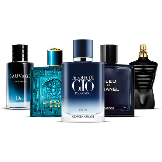 Combination of 5 men's perfumes – Sauvage, Versace, Acqua di Giò, Chanel and JPG