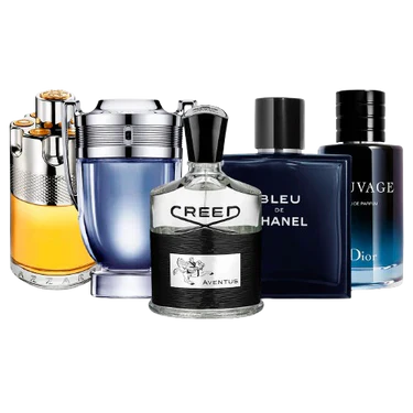 Combination of 5 men's perfumes – Azzaro, Invictus, Creed Aventus, Chanel and Sauvage
