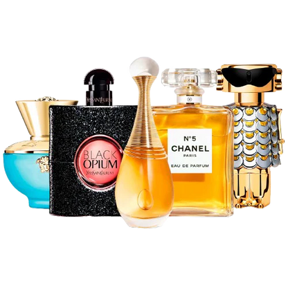 Combination of 5 women's perfumes – Versace, Black Opium, J'adore, Chanel and Fame